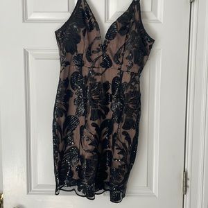 Black floral appliqué semi formal dress
